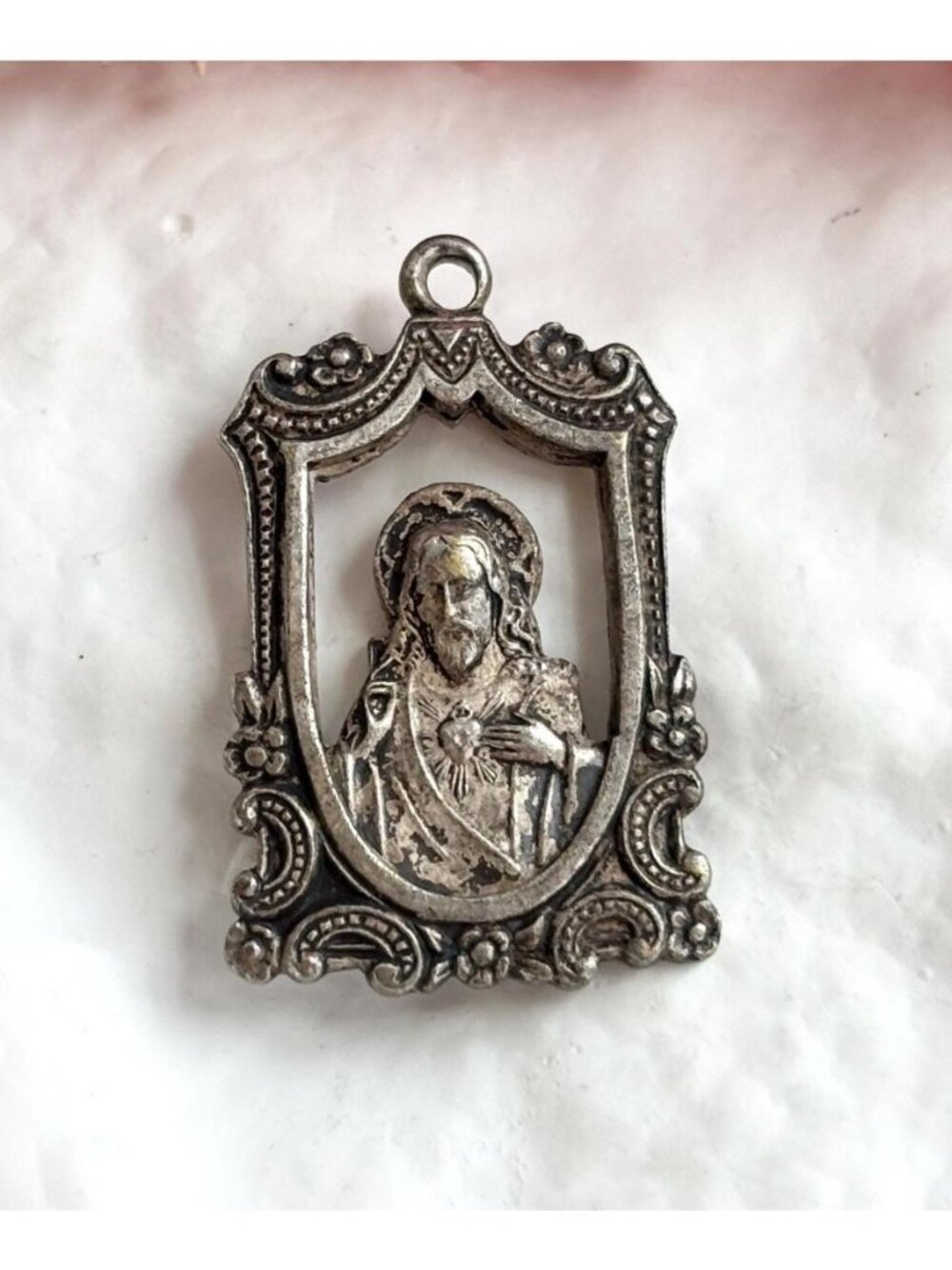Sacred Heart of Jesus Art Nouveau Virgin Mary + Child Sterling Vintage Pendant